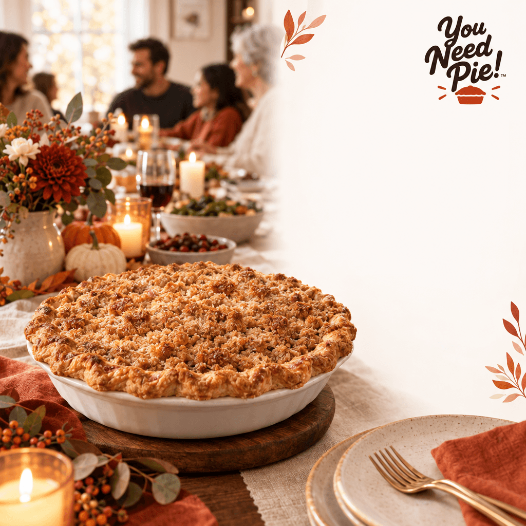 A crumb-topped pie set beside a Thanksgiving table with autumn flowers and candles.