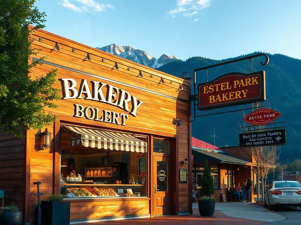 The You Need Pie bakery storefront at 521 Elkhorn Avenue in downtown Estes Park, Colorado, with the Rocky Mountains visible behind.